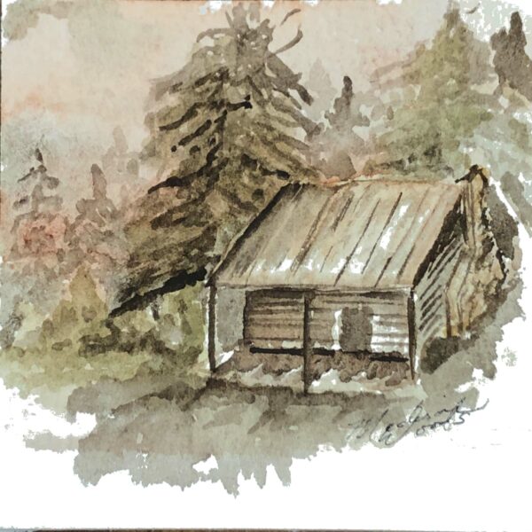 An imaginary scene of a cabin in the woods in Ozark pigments by Madison Woods.