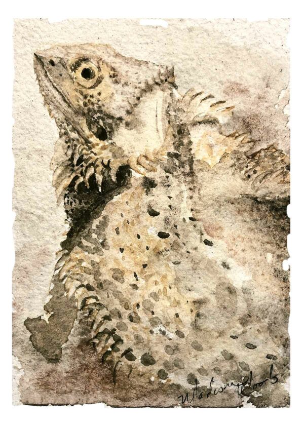 Petunia the bearded dragon. Painting in Ozark pigments by Madison Woods.