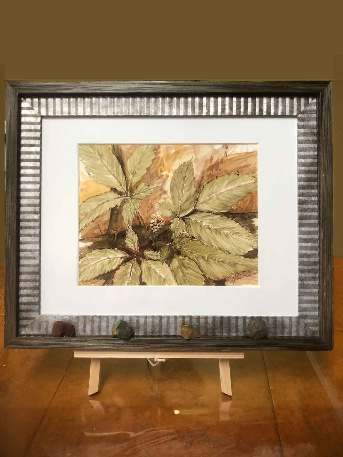 A painting of ginseng in Ozark pigments, framed with pigment samples. Artist is Madison Woods.