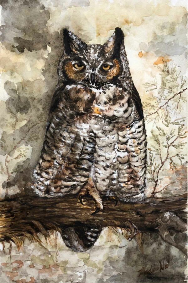 Great horned owl painting by Madison Woods.