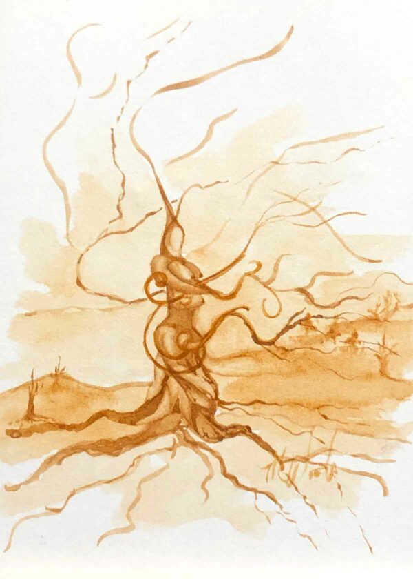 A monochromatic painting of a twisted tree using a single Ozark pigment.