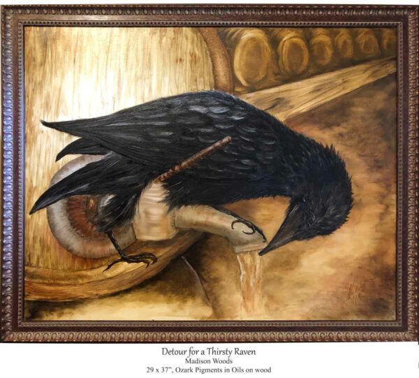 The framed raven painting.