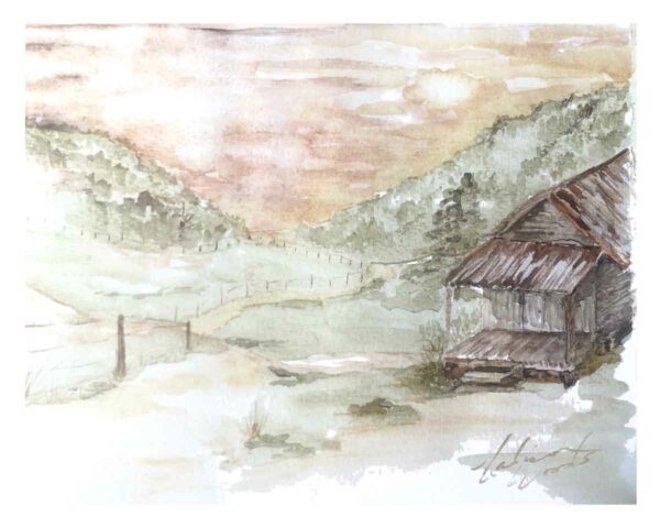 A pastoral scene in Ozark watercolor pigments, by Madison Woods.