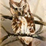 A red morph eastern screech owl. Painting by Madison Woods using handmade oil pigments from Ozark rocks.