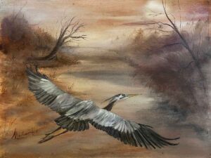 original painting with great blue heron flying over kings river by madison woods.