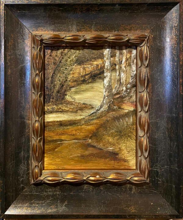 Creekside with Sycamores is an imaginary landscape scene painted by Madison Woods in Ozark oil pigments.