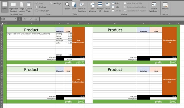 A simple cost analysis spreadsheet for products.